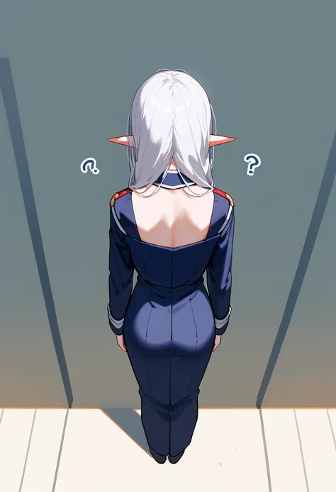 1 girl, standing alone, freeze, White hair, long hair, pointy ears, from behind, looking away, close-High above, bared shoulders, Kale, aretes, rear view, back covered in hair, arms on the sides, High aboveper body, White background, simple background, wor...