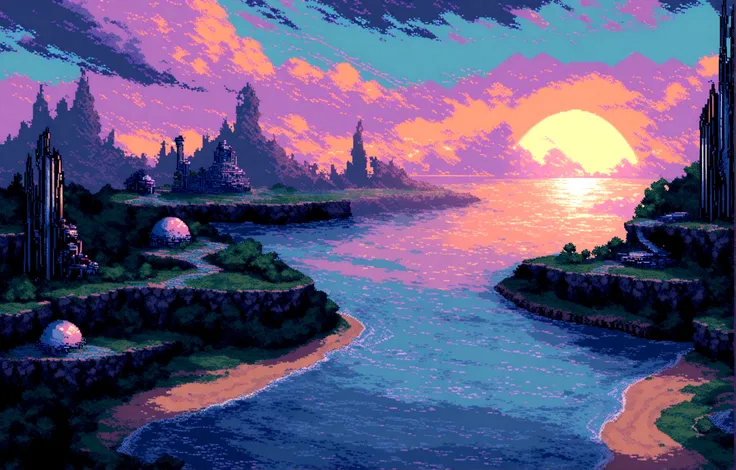 Futuristic, neonpunk, Pixel art tourist destination landscape, evening, 3d pixel art 4k wallpaper, incredible pixel art details, pixel art, futuristic waves, detailed unreal engine pixel art, Japanese