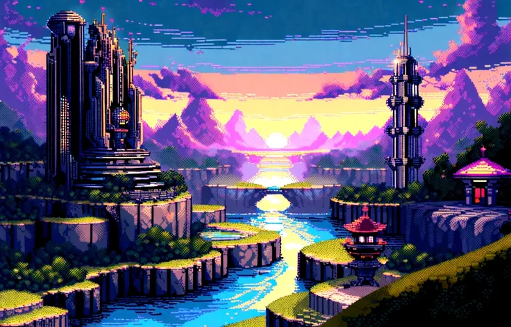 Futuristic, neonpunk, Pixel art tourist destination landscape, evening, 3d pixel art 4k wallpaper, incredible pixel art details, pixel art, futuristic waves, detailed unreal engine pixel art, Japanese