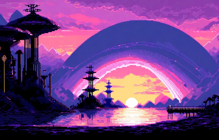 Futuristic, neonpunk, Pixel art tourist destination landscape, evening, 3d pixel art 4k wallpaper, incredible pixel art details, pixel art, futuristic waves, detailed unreal engine pixel art, Japanese