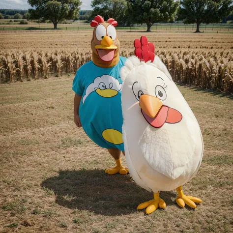 ((Best Quality)), ((Cartoon)), 1 man, happy, greeting, cartoon giant chicken costume, simple background, Field, funny, vivid colors, Alone, whole body, head on