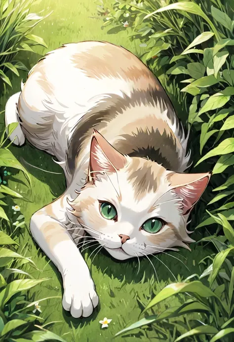 a cat lying on the grass