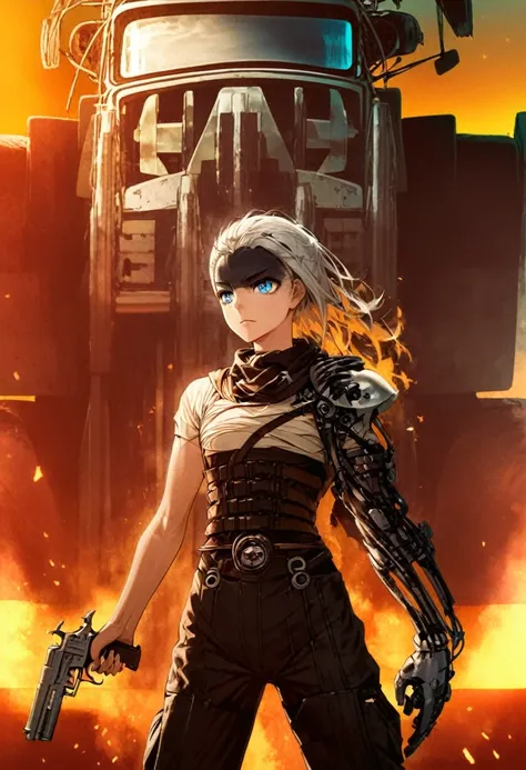 1man, white hair, 1mech arm, holding pistol, blue eyes, tech wear, jacket