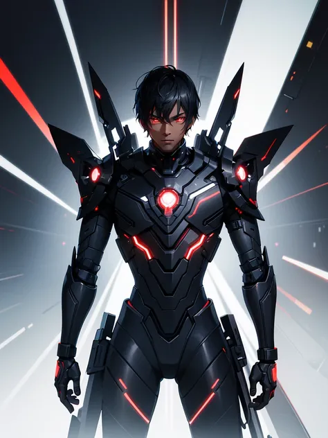 Portrait of a young cyborg black man, with dark skin and short, well-groomed black hair. his eyes are red and glowing, with a robotic and intense appearance. He is wearing futuristic black armor with red LED accents that glow brightly., standing out in its...