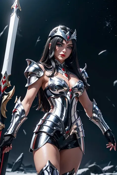 here is an adult european woman in a penguin armor , saint seiya , penguin black and white armor, dark hair, red lips, eye shado...