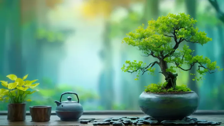 there is a potted plants tree in a pot on a table, zen nature background, lush plants and potted plants trees, potted plants tre...