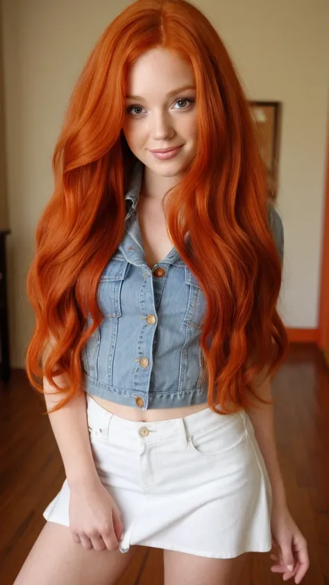 (Ella Hughes:Faye Reagan:Dani Jensen:0.3) a close up of a woman with short skirt with long red hair wearing a denim jacket, she has long redorange hair, she has long orange brown hair, flowing ginger hair, red hair and attractive features, long glowing red...