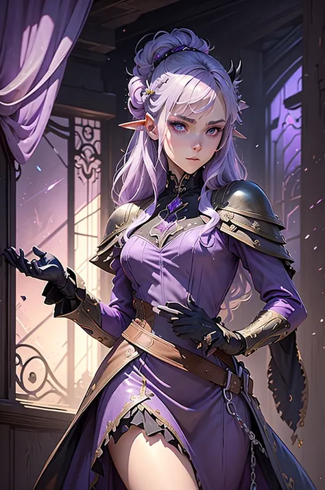 a close up of a person wearing a purple dress and a purple top, beautiful androgynous prince, black horns, silver hair, delicate androgynous prince, androgynous vampire,  wings, classic medieval dress, steampunk beautiful anime woman, attractive androgynou...