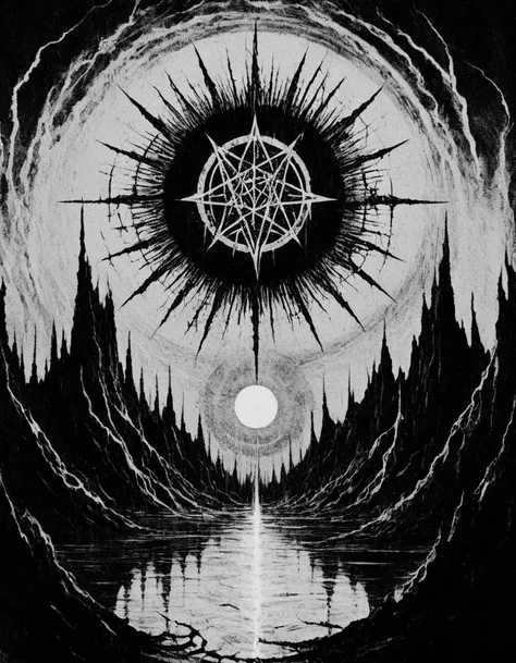 blackmetal style, xerox black and white, white sky, black sun portal, water below,