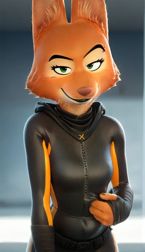 score_9, score_8_up, score_7_up, score_6_up, score_5_up, score_4_up, 
Diane_Foxington, ginger fur, emerald eyes, black lipstick, black eyebrows, silver piercings on eyebrow, fox tail, bodysuit with yellow trim and black wraps, smirk, looking at viewer, Ful...