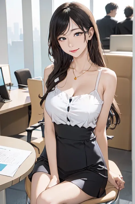 1lady sitting, holding a coffee cup, office worker outfit, /(id card lanyard/), mature female, /(black hair/) bangs, (masterpiec...