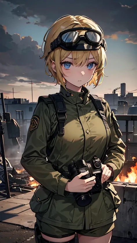 Anime-style girl in detailed military uniform, short blonde hair, wearing a soldier helmet with goggles, standing in a war-torn cityscape. She holds a large, intricate camera. The background features destroyed buildings and smoke rising in the distance, wi...