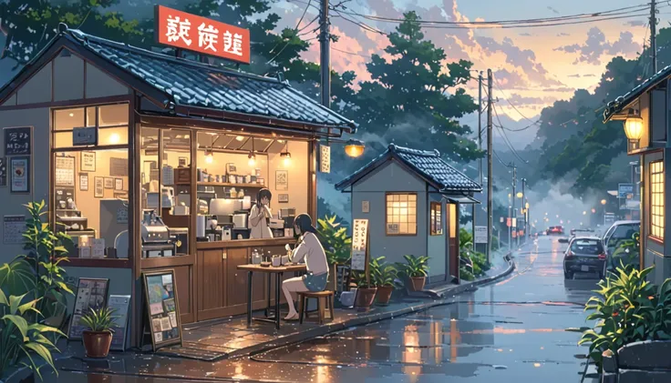 ((Anime: 1.4, Illustration)), (Masterpiece, Top Quality, Best Quality), (Ultra-Detailed, Absolutely Resolution), ((16k, HIGH RES)) (Outdoors shrouded in morning mist, a mellow morning coffee shop), ( Anime: 1.4, Illustration)), (Masterpiece, Top Quality, B...