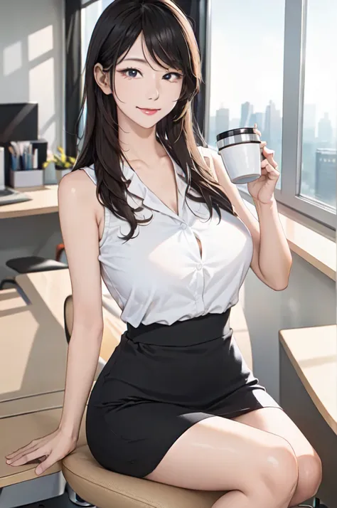 1lady sitting, holding a coffee cup, office worker outfit, /(id card lanyard/), mature female, /(black hair/) bangs, (masterpiece best quality:1.2) delicate illustration ultra-detailed, large breasts BREAK /(modern office indoors/), window skyscraper