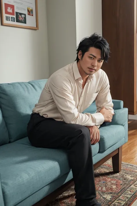 shot by Sony a7 IV Mirrorless Camera, natural light, analog film photo, Kodachrome , handsome Ryuuji Suguro black hair ,Long sleeve shirt and loose pants .sofa ,school living room