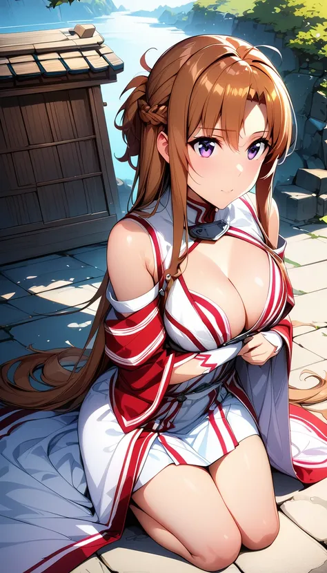 (masterpiece),(Highest quality),(Very detailed),(Best illustrations),(Best Shadow),(Absurd),(Detailed Background),(Very beautiful eyes), One Girl, alone, takamura yui, Brown Hair, Purple eyes, Long Hair, 、((Shrine maiden costume))、Cleavage、、Kneel、cover