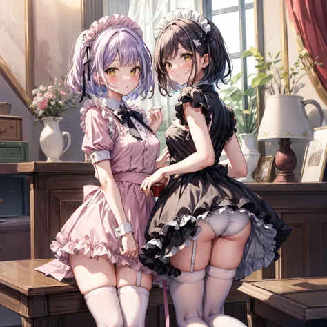 ((Highest quality)), ((masterpiece)), ((detailed)), (4K), there is a sexy maid dressed in a pink uniform sitting on a tray, 1girl, 独奏, breasts, thighhighs, panties, underwear, dress, looking at viewer, maid, small breasts, yellow eyes, Ass, maid headdress,...