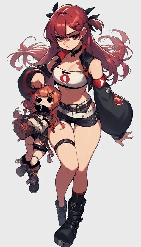 tube top, single thighhigh, short shorts, cropped jacket, belt boots, hair ribbon, hairclip, earrings, single sock, high belt, thigh strap, detached sleeves, doll, black collar, long hair, 