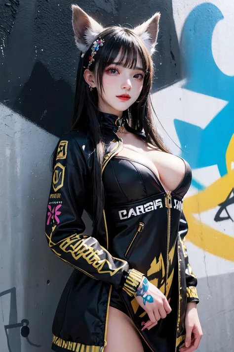 (Highest quality), masterpiece, Extremely detailed CG8K Painting, High collar, Extremely High collar saturation, All colors become darker, Painting, Graffiti art, center composition, Highly detailed lights and shadows, Graffiti wall, the walls are painted ...