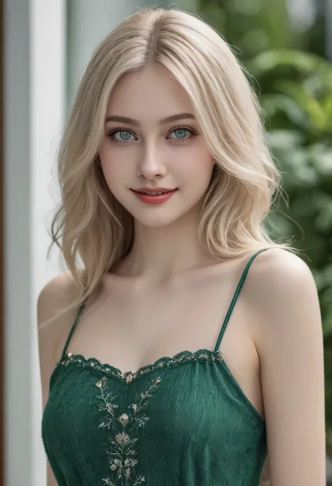 blonde girl, big beautiful green eyes, slim about 45 kilos, 150 centimeters tall, perfect waist, beautiful and perfect smile, beautiful and perfect appearance, real life, hyper real, high quality details, extremely real, real photo, extremely meticulous im...