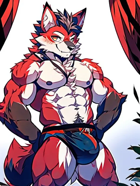 lobo, muscular，Hairy everywhere，clawed legs，erect through underwear, red fur, White skin, seductive smile, blushing