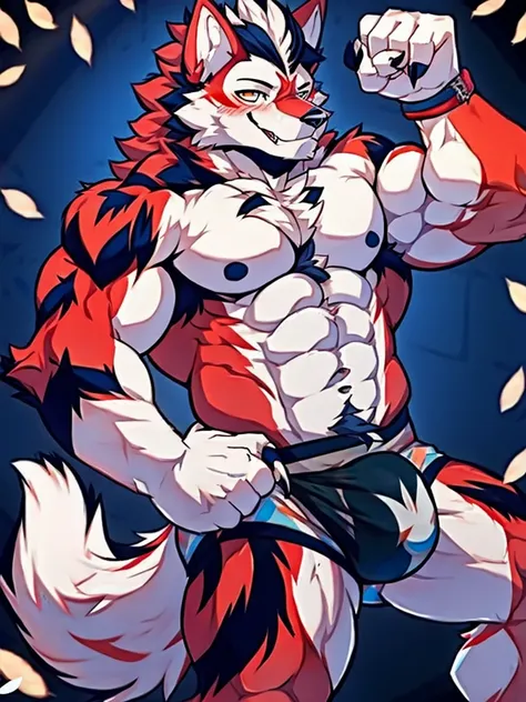 lobo, muscular，Hairy everywhere，clawed legs，erect through underwear, red fur, White skin, seductive smile, blushing