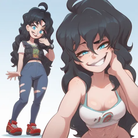 ralph bakshi style, gesugao, curvy blue eyed girl with long wavy black hair and small breasts standing over viewer, (extreme nsf...