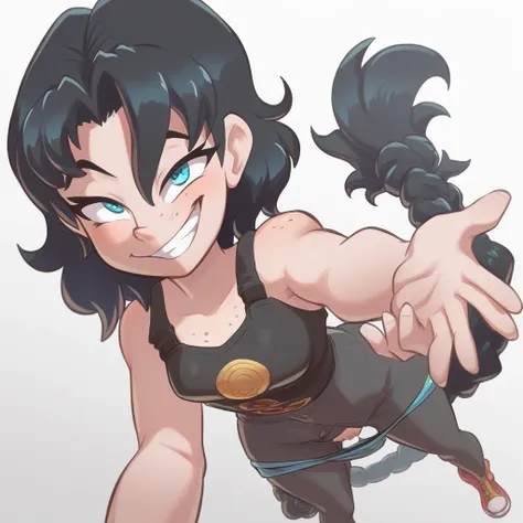 Ralph Bakshi Style, gesugao, Curvy blue eyed girl with long wavy black hair and small breasts standing over viewer, (extreme nsfw), lewd:3.0, (upward camera angle), (full-body-shot pov), (pubic_stubble):4.0