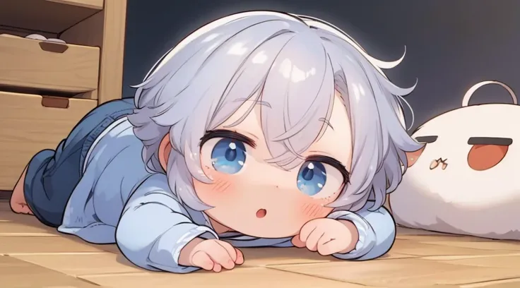 chibi  anime boy 4 years  laying on the ground with his head on his hands, cute anime, menino anime, cabelo loiro olhos azuis, o...