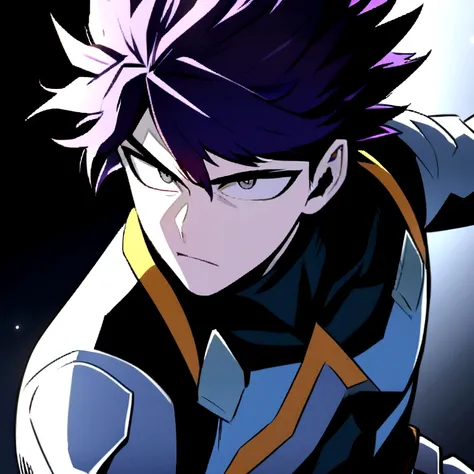 Male character in the style of the anime my Hero Academia with purple hair, pale complexion and gray eyes