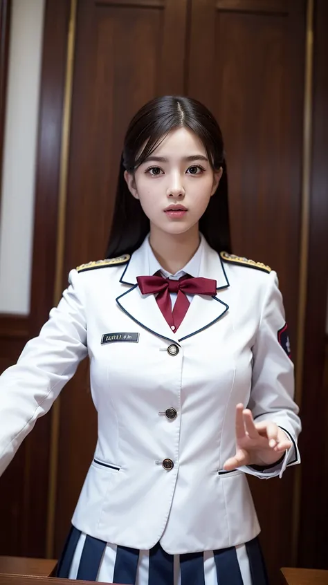 Best Quality, Masterpiece, ultra high resolution, (reality: 1.4), Photo original, 1 girl, maduro, White JK uniform, movie lighting