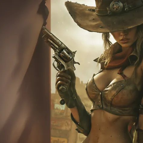 arafed woman in a cowboy hat holding a gun in a desert, post - apocalyptic cowgirl, cyberpunk wild west, karol bak uhd, cowgirl, deviantart artstation cgscosiety, ultra realistic concept art, stunning cgsociety, 4 k wild west, western gunslinger, highly re...