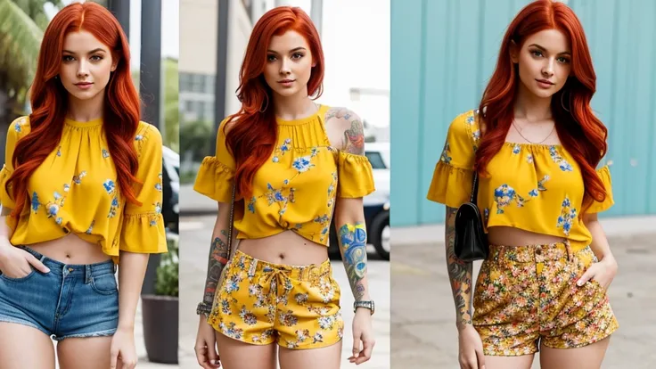 Red-haired girl with mustard-colored top and blue floral shorts with tattoos