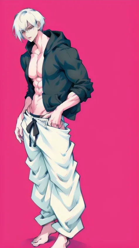 full body in image, masculine pose, unique hair, full man, hoodie jacket, white harem pants, male body, slender body, short hair, full body, hot body, sexy male body, dinamic pose. detalied pose, body, simple background, expressive face, focus on face, lin...