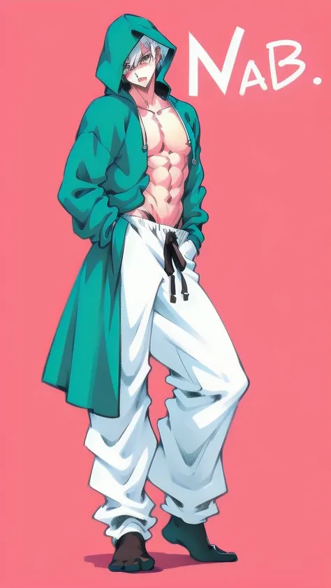 full body in image, masculine pose, unique hair, full man, hoodie jacket, white harem pants, male body, slender body, short hair, full body, hot body, sexy male body, dinamic pose. detalied pose, body, simple background, expressive face, focus on face, lin...