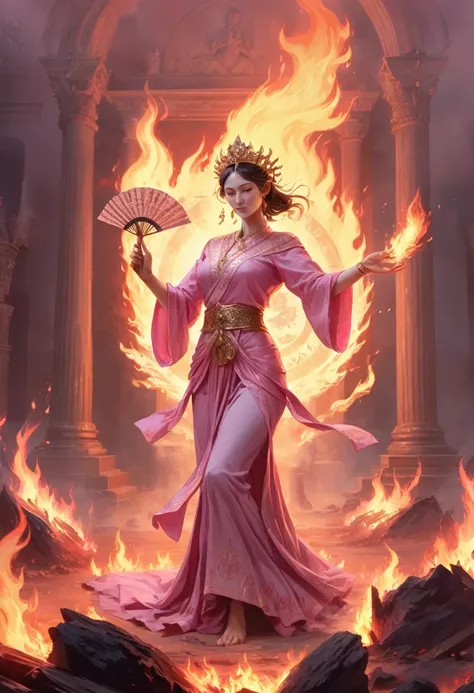 High Frequency: 1.8, Rich Detail, Masterpiece, 8K, Beautiful Priestess in Pink Shirt Standing in front of Fire, Dancing, Hands Waving Fan, Fan on Fire, Flames Surround Priestessess, Burning Battlefield Background,  