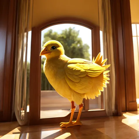 full body shot, a cute yellow chick look curiously, in a big new luxury house, day light