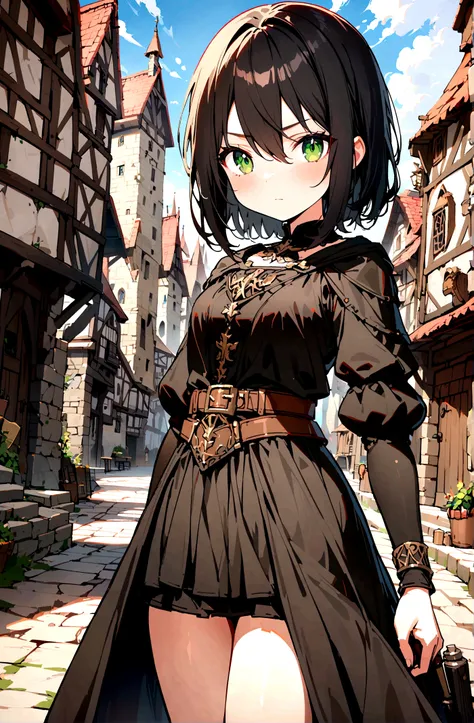 1 Young girl ,teen girl, hair between eyes, short black hair, black clothing, green Eyes, with a straight face, charachter, RPG, hand drawn, High details, medieval city background