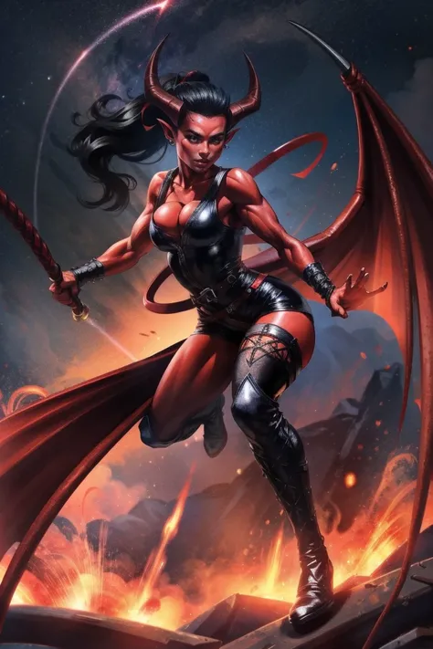 Red skin succubus tiefling, medium breasts, black horns, wings, huge tail, black leather, tall, toned, graceful, thin, long black ponytail. Action scene, whip. Dark scene, explosions, night sky.