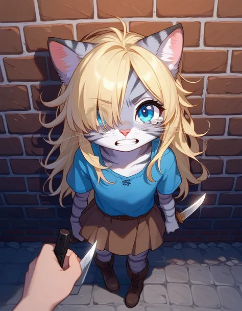 Solo, score_9,score_8_up,score_7_up, source_cartoon, kat, Anthro furry feline, female, short slender body, long blonde hair, long messy hair, hair covering one eye, pink nose, blue eyes, white whiskers, silver fur, grey stripes, furry body, short, young, a...