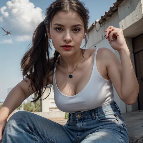 only 1 ukranian young girl (best quality, 4k, 8k, highres, masterpiece:1.2), ultra-detailed, (realistic, photorealistic, photo-realistic:1.37), portrait, wearing casual small cleavage, small chain on neck, black hair, hair band in ponytail, vivid colors, s...