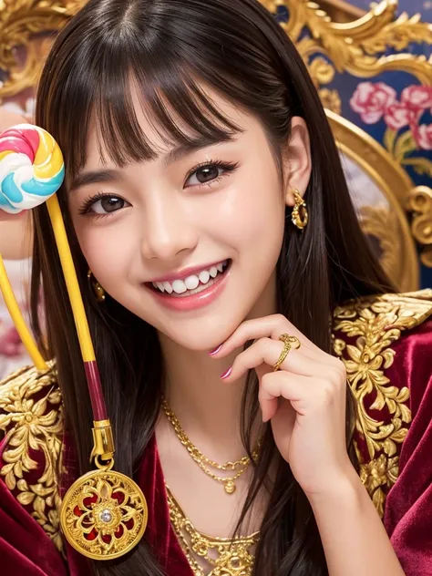 a young woman with a radiant smile, eyes twinkling with delight. Shes biting into a glossy, rainbow-swirled lollipop plucked from an ornate golden jewelry box lined with velvet, girls comic style