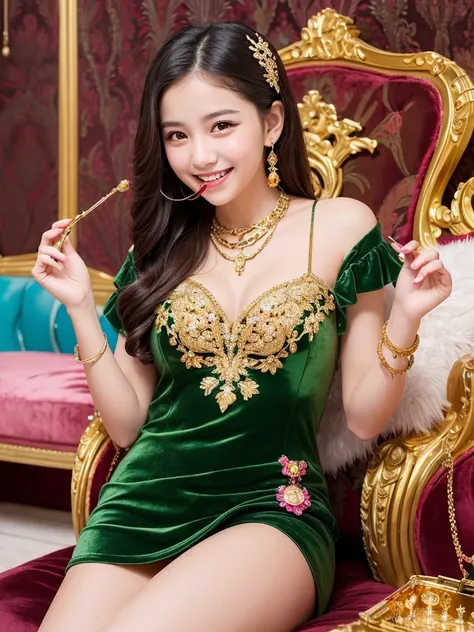 a young woman with a radiant smile, eyes twinkling with delight. Shes biting into a glossy, rainbow-swirled lollipop plucked from an ornate golden jewelry box lined with velvet, girls comic style