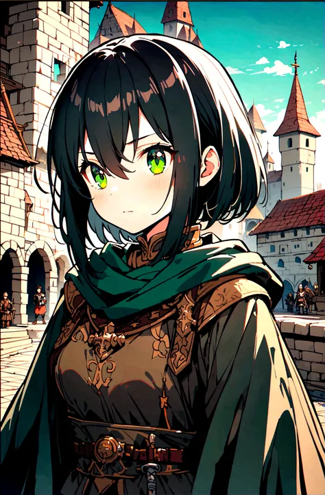 1 adult girl ,cute girl, hair between eyes, short black hair, black clothing, green Eyes, with a straight face, charachter, RPG, hand drawn, High details, medieval city background