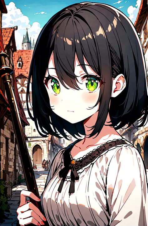 1 adult girl ,cute girl, hair between eyes, short black hair, black clothing, green Eyes, with a straight face, charachter, RPG, hand drawn, High details, medieval city background