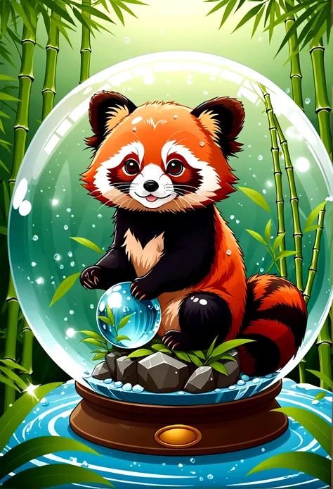 chibi red panda in crystal ball, bamboo forest inside crystal ball, water splash, tshirt design, vector style, cute, anime style, kawaii, super detail