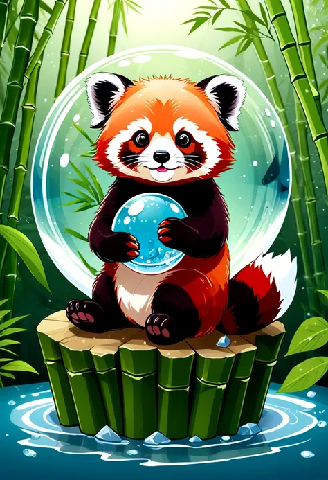 chibi red panda in crystal ball, bamboo forest inside crystal ball, water splash, tshirt design, vector style, cute, anime style, kawaii, super detail