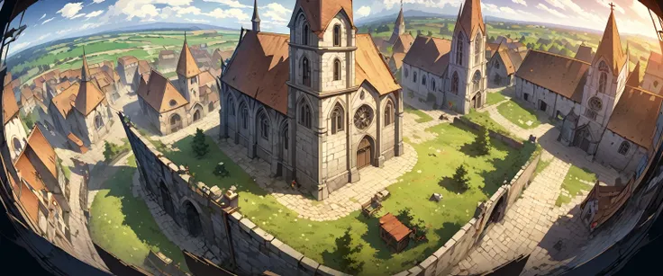 church(European medieval churches)，White Wall，Sacred and solemn environment。Birds eye view composition，Panorama pictures，Scene screen，Game concept art style，Anime illustration style，HD，4K。