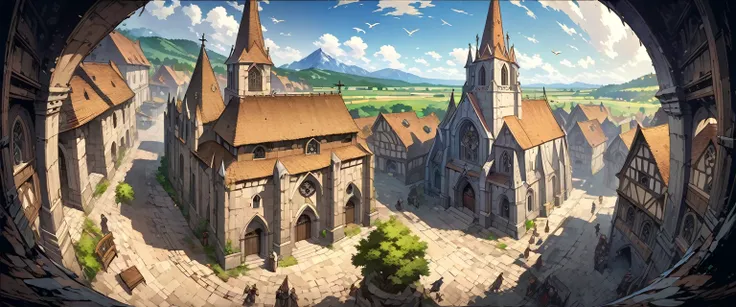 church(European medieval churches)，White Wall，Sacred and solemn environment。Birds eye view composition，Panorama pictures，Scene screen，Game concept art style，Anime illustration style，HD，4K。