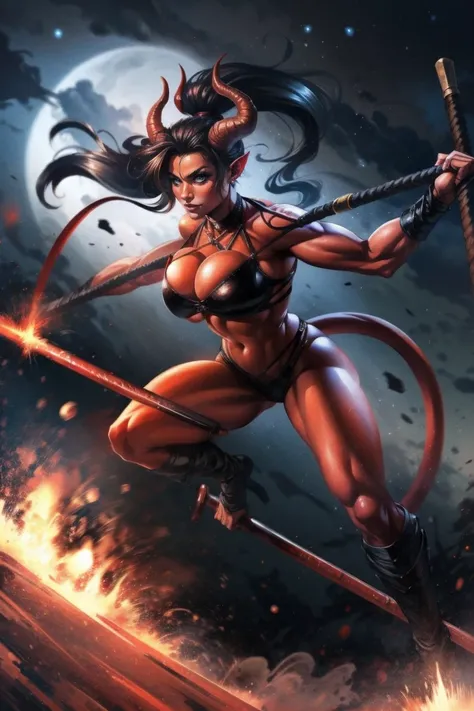 Red skin succubus tiefling, medium breasts, black horns, wings, huge tail, black leather, thong, bikini top, strappy, lacing, tall, toned, graceful, thin, long black ponytail. Action scene, whip. Dark scene, explosions, night sky.